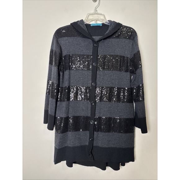 Alice + Olivia Black Sequin Hooded Cardigan Sweater Size M Wool Fairy Goth - Picture 1 of 9